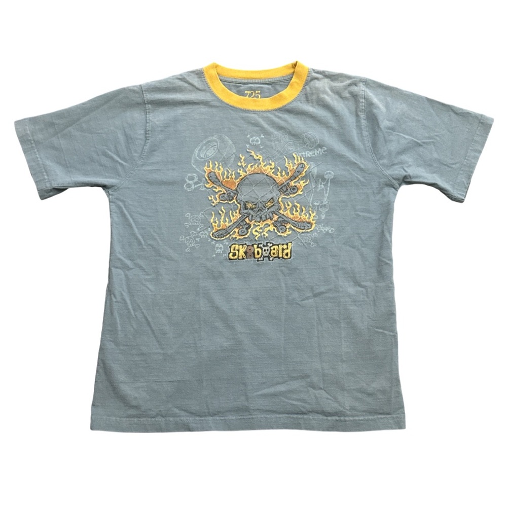 725 ORIGINALS blue/yellow graphic sk8 ringer baby tee, size L youth (10-12).